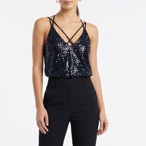 Lost + Wander Navy Sequin Strappy Cami Top V-Neck Sleeveless Party Tank Top